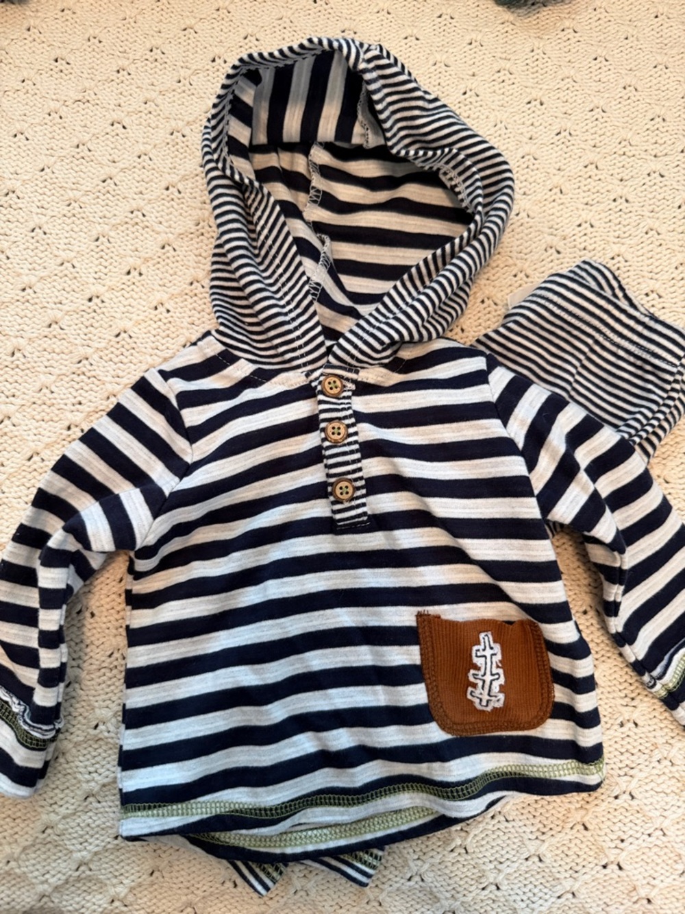 Mud Pie Navy and White Striped Hooded Kids Sweatshirt with Brown Pocket